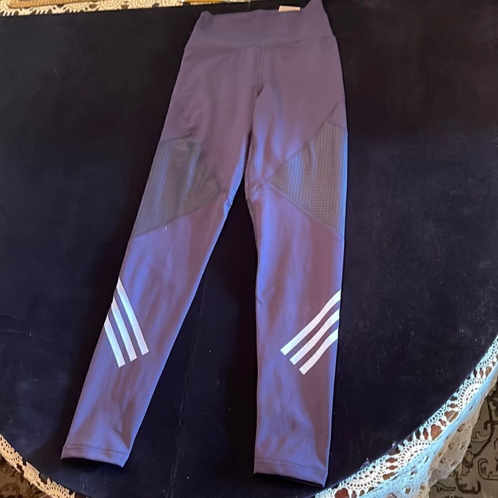 Adidas dark blue running tights with stripe design